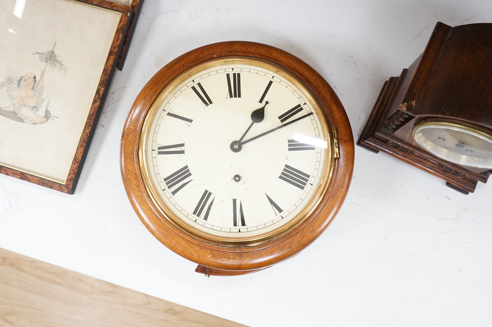 A Mappin & Webb oak mantel clock and dial clock, W & H German movement, dial clock 33cm diameter